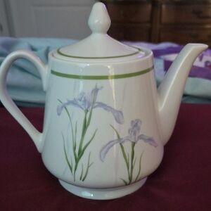 White Ceramic Teapot with Lilac Iris Floral Design